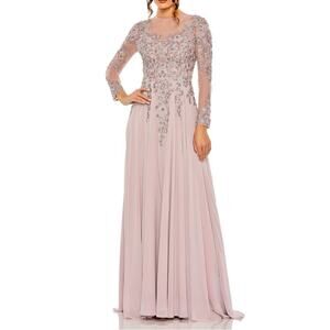 Mac Duggal High Neck Mesh Long Sleeve Embellished A Line Gown 20478 Womens Sz 14